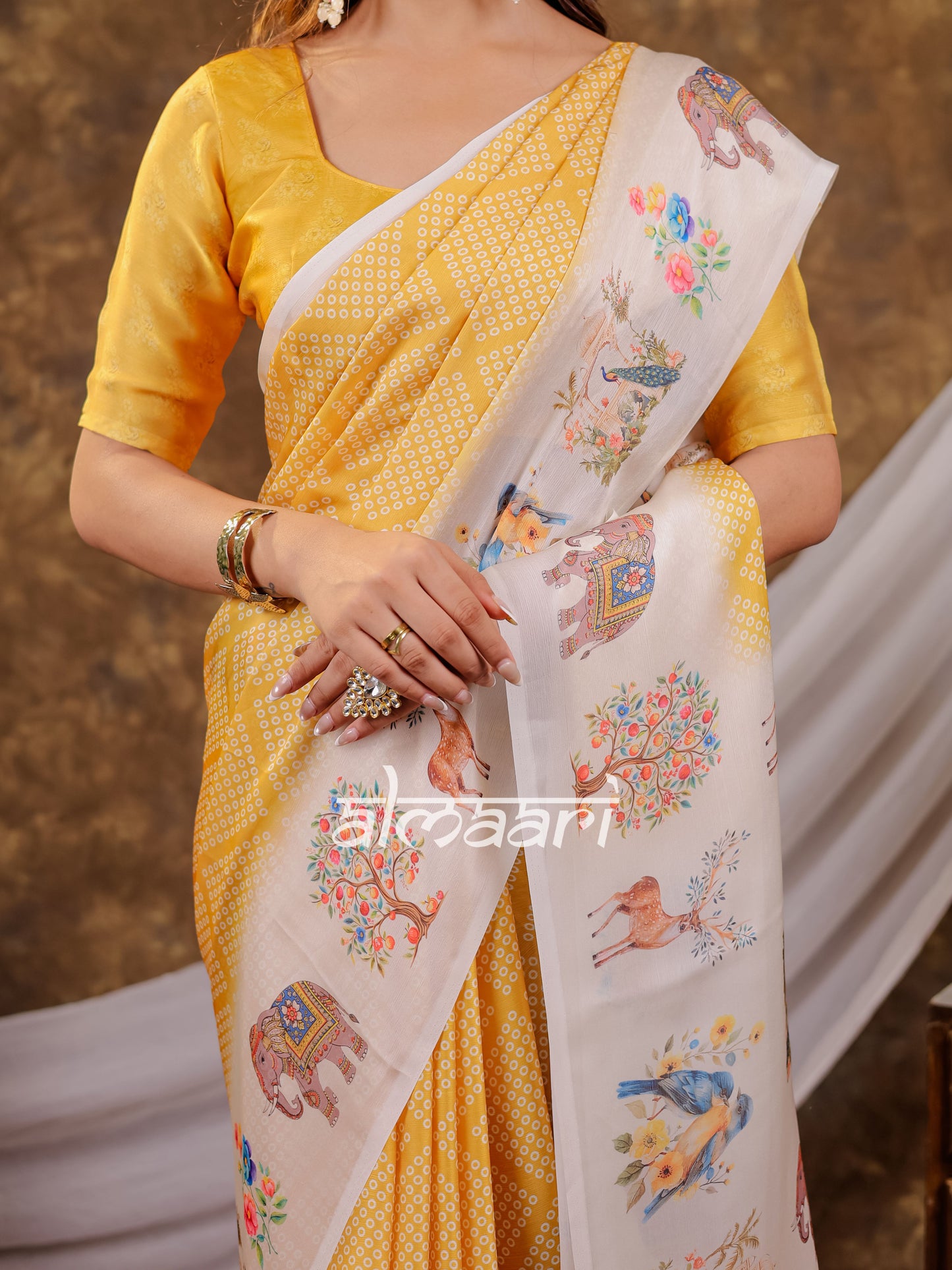 Vantara Mustard Yellow Satin Chiffon Printed Saree with Nature & Wildlife Print, Designer Tassel Pallu & Matching Blouse Piece