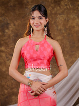 Vantara Coral Pink Satin Chiffon Printed Saree with Bird & Nature Print, Designer Tassel Pallu & Matching Blouse Piece