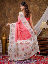 Vantara Coral Pink Satin Chiffon Printed Saree with Bird & Nature Print, Designer Tassel Pallu & Matching Blouse Piece