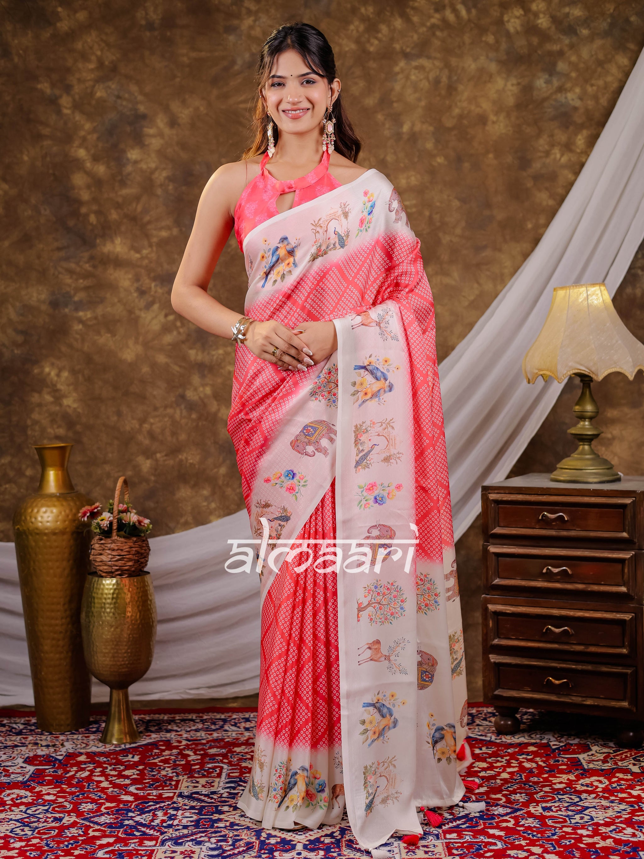 Vantara Coral Pink Satin Chiffon Printed Saree with Bird & Nature Print, Designer Tassel Pallu & Matching Blouse Piece