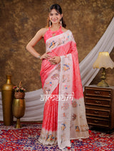 Vantara Coral Pink Satin Chiffon Printed Saree with Bird & Nature Print, Designer Tassel Pallu & Matching Blouse Piece
