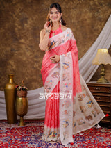 Vantara Coral Pink Satin Chiffon Printed Saree with Bird & Nature Print, Designer Tassel Pallu & Matching Blouse Piece
