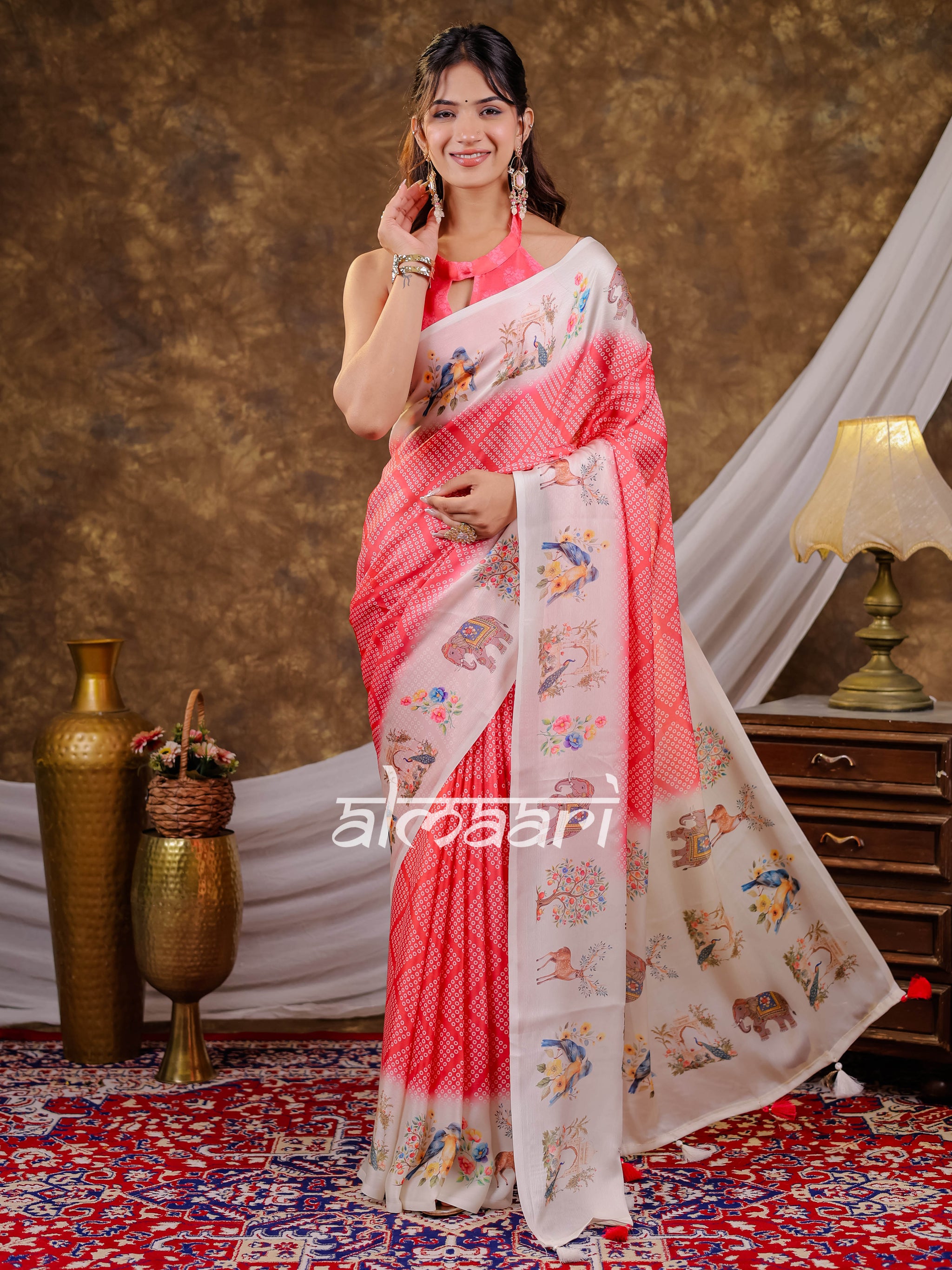 Vantara Coral Pink Satin Chiffon Printed Saree with Bird & Nature Print, Designer Tassel Pallu & Matching Blouse Piece