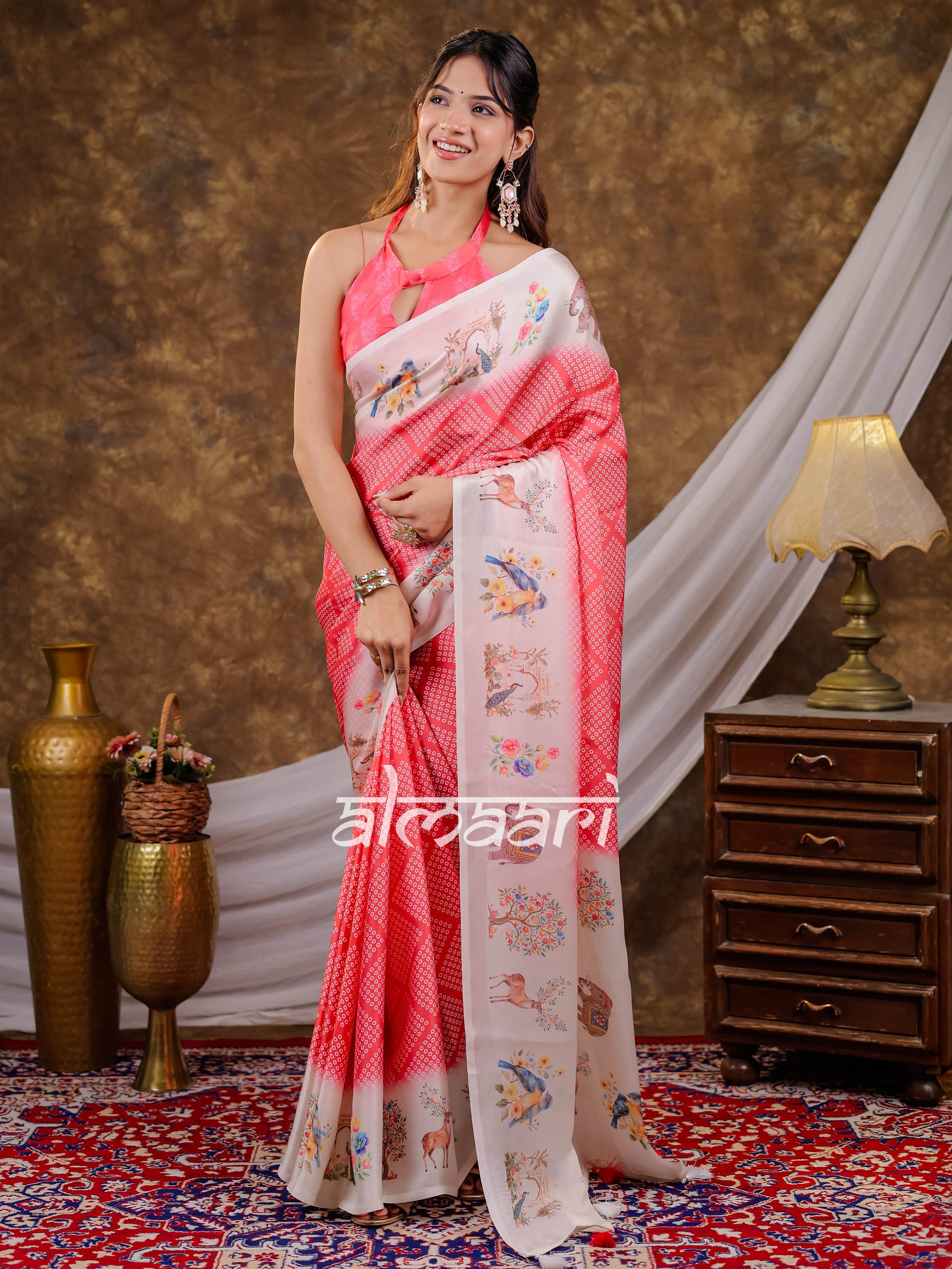 Vantara Coral Pink Satin Chiffon Printed Saree with Bird & Nature Print, Designer Tassel Pallu & Matching Blouse Piece