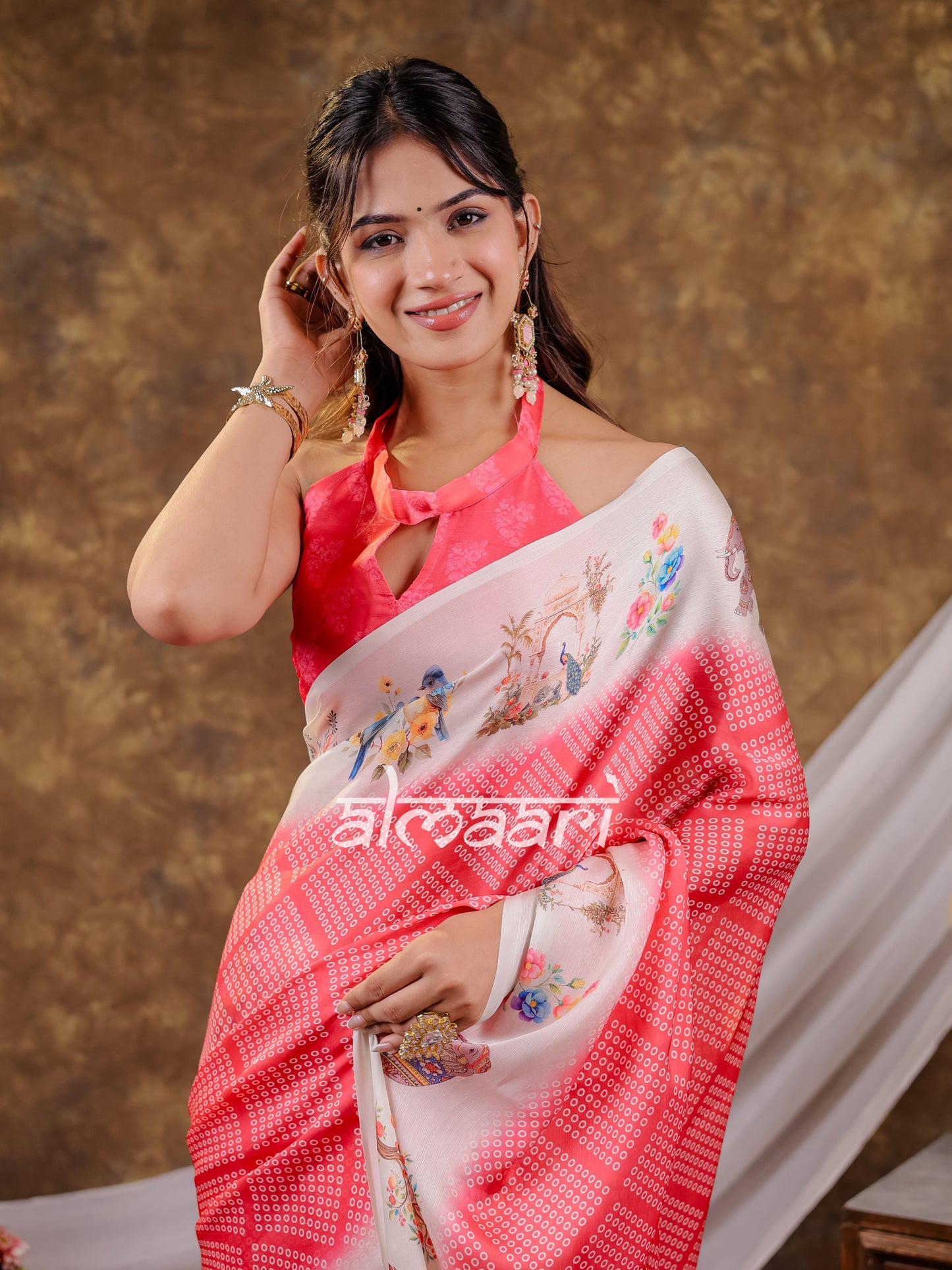 Vantara Coral Pink Satin Chiffon Printed Saree with Bird & Nature Print, Designer Tassel Pallu & Matching Blouse Piece