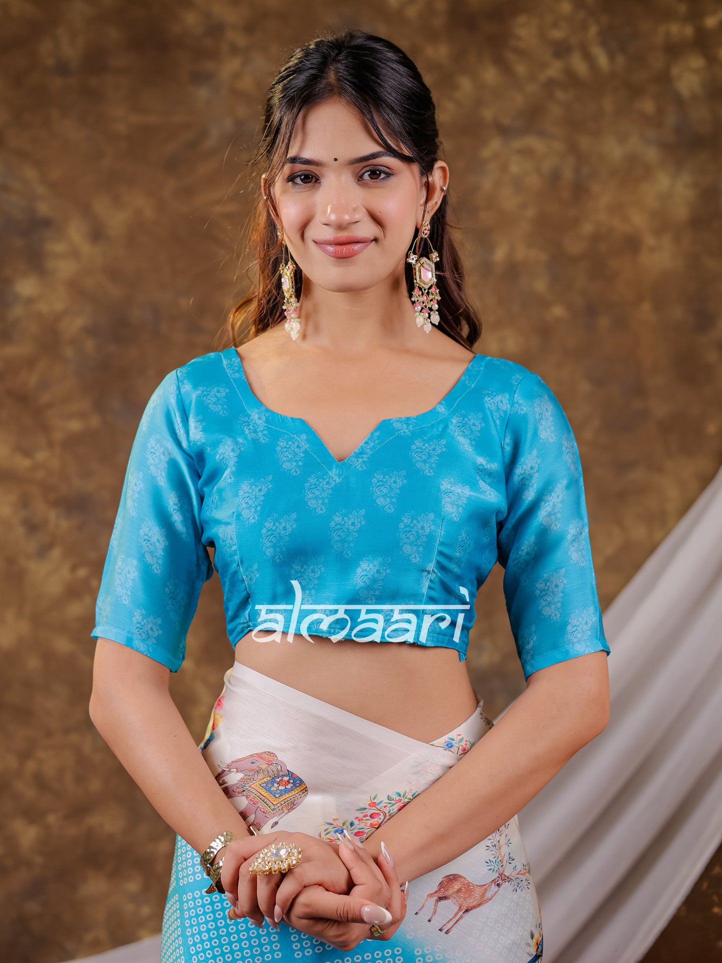 Vantara Aqua Blue Satin Chiffon Printed Saree with Bird & Nature Print, Designer Tassel Pallu & Matching Blouse Piece