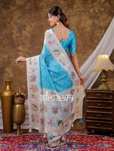 Vantara Aqua Blue Satin Chiffon Printed Saree with Bird & Nature Print, Designer Tassel Pallu & Matching Blouse Piece