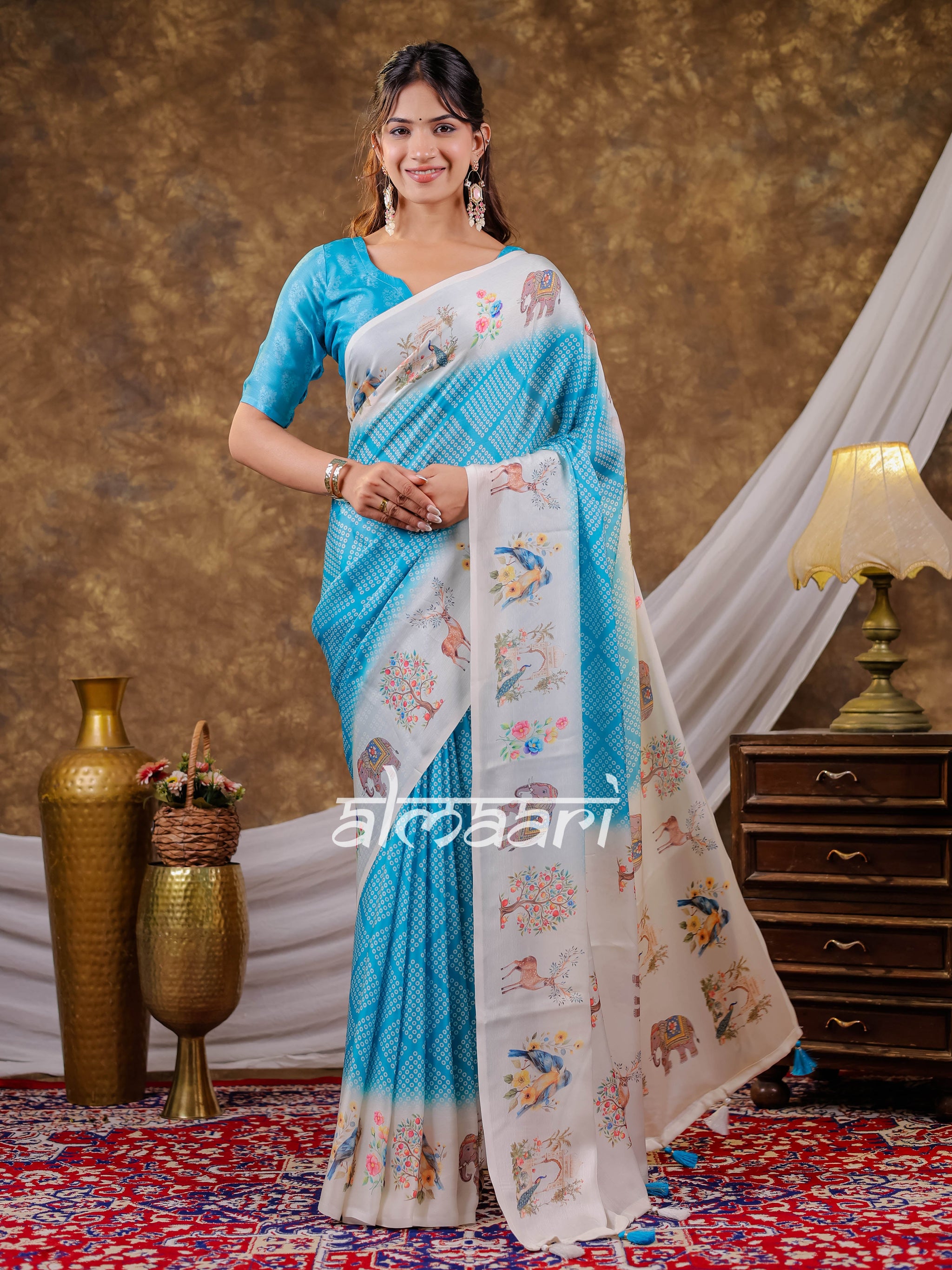 Vantara Aqua Blue Satin Chiffon Printed Saree with Bird & Nature Print, Designer Tassel Pallu & Matching Blouse Piece