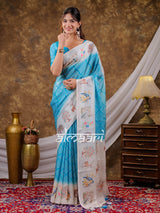 Vantara Aqua Blue Satin Chiffon Printed Saree with Bird & Nature Print, Designer Tassel Pallu & Matching Blouse Piece