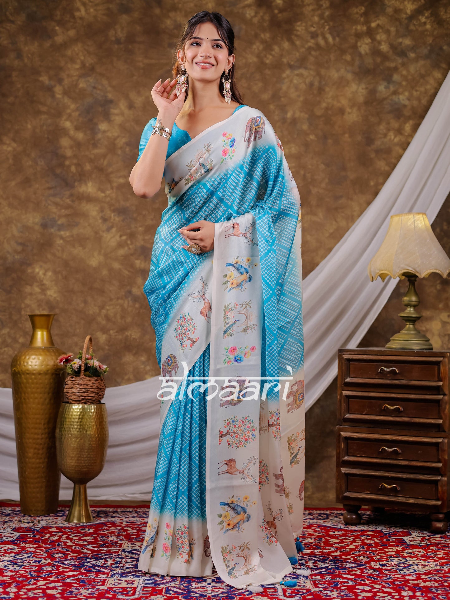 Vantara Aqua Blue Satin Chiffon Printed Saree with Bird & Nature Print, Designer Tassel Pallu & Matching Blouse Piece