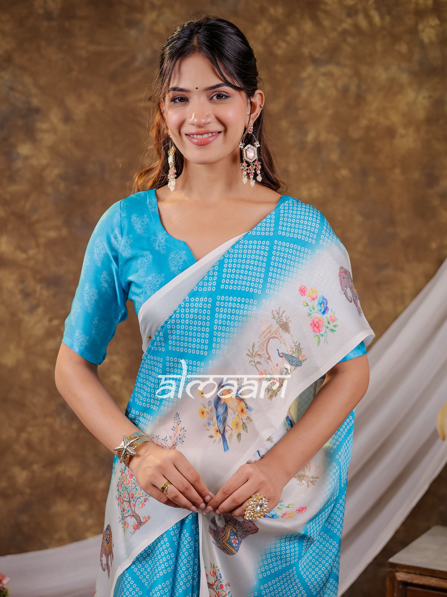 Vantara Aqua Blue Satin Chiffon Printed Saree with Bird & Nature Print, Designer Tassel Pallu & Matching Blouse Piece