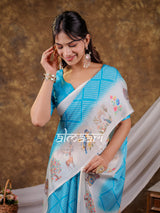 Vantara Aqua Blue Satin Chiffon Printed Saree with Bird & Nature Print, Designer Tassel Pallu & Matching Blouse Piece