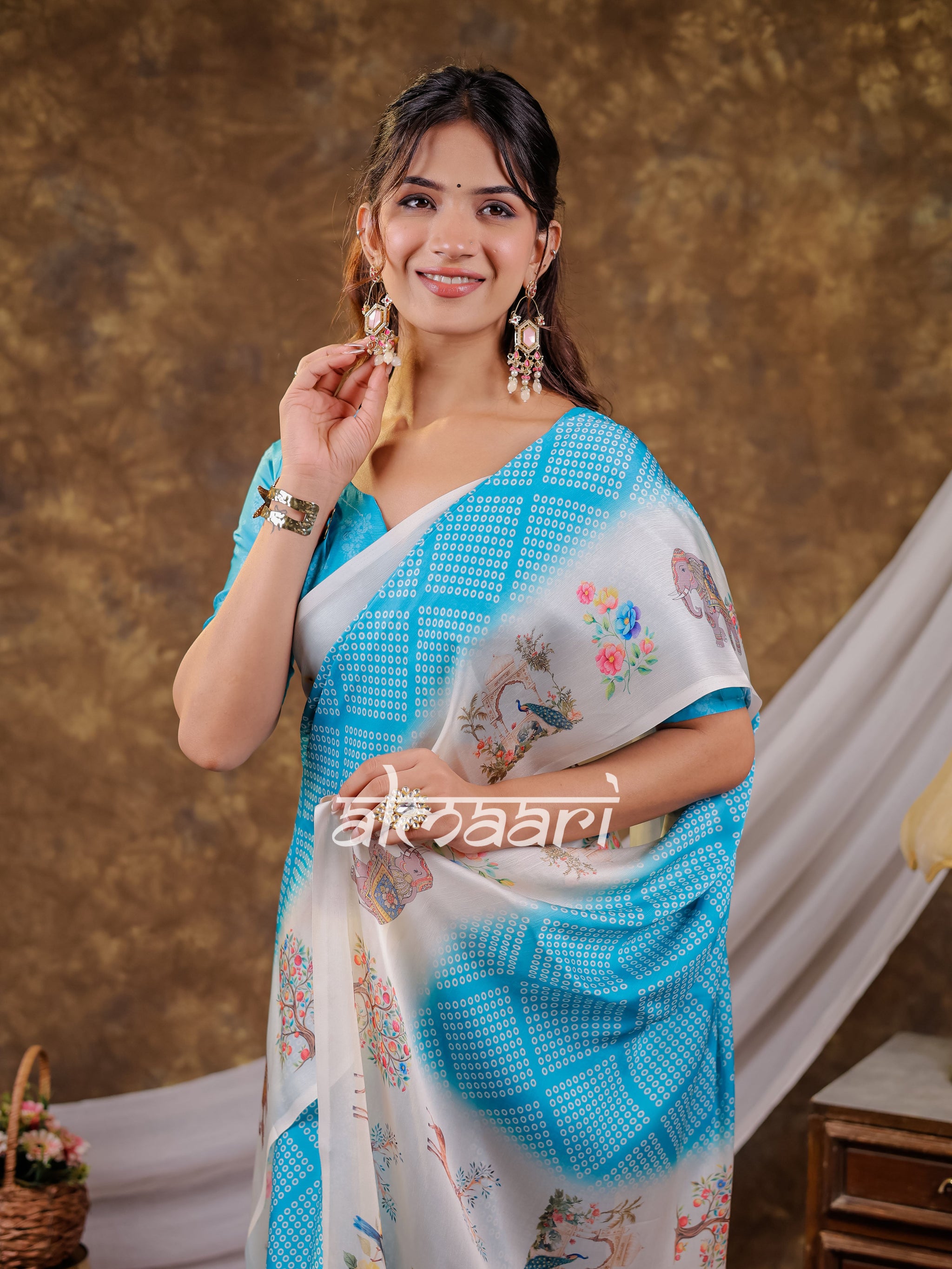 Vantara Aqua Blue Satin Chiffon Printed Saree with Bird & Nature Print, Designer Tassel Pallu & Matching Blouse Piece