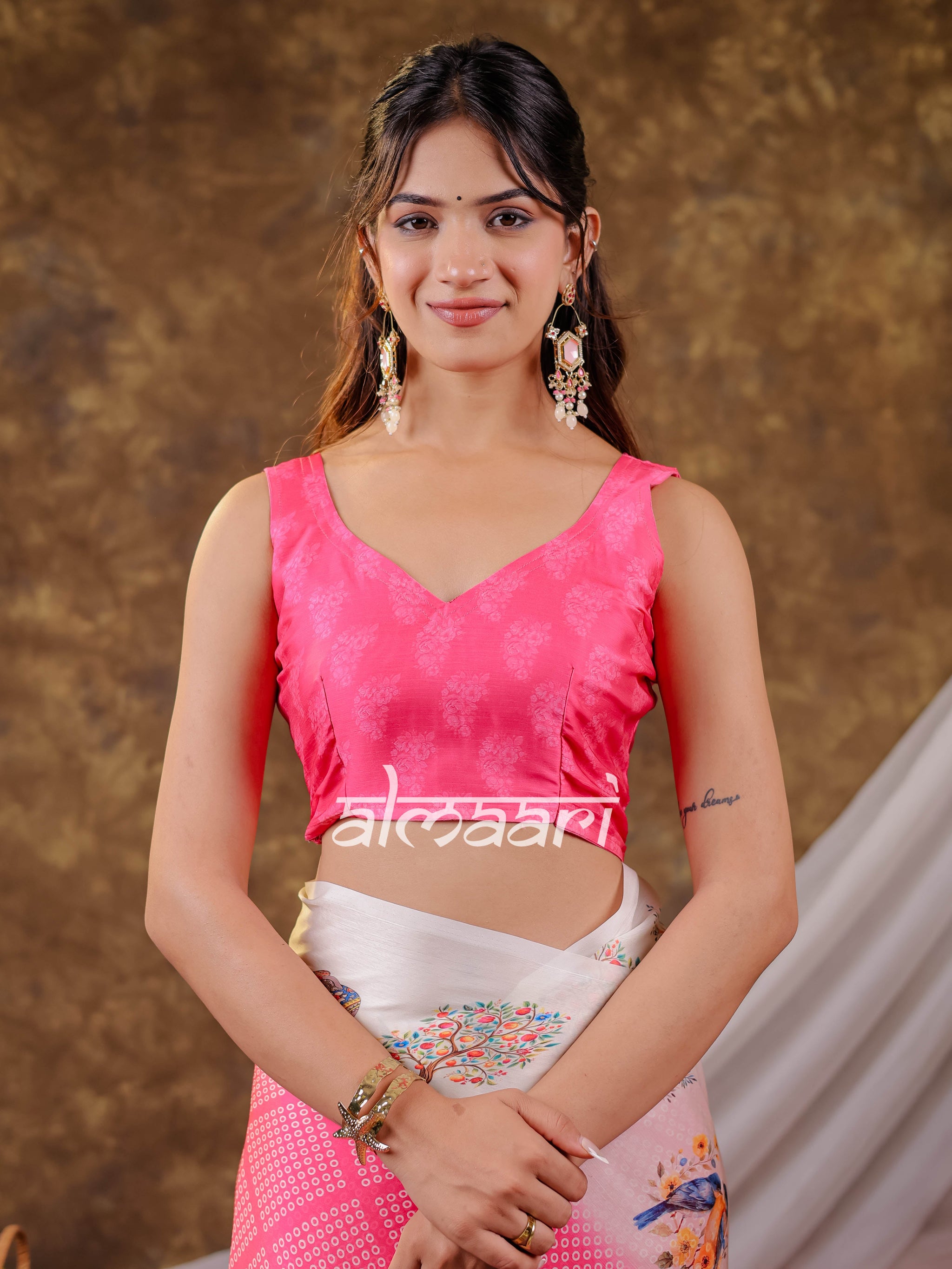 Vantara Blush Pink Satin Chiffon Printed Saree with Bird & Nature Print, Designer Tassel Pallu & Matching Blouse Piece