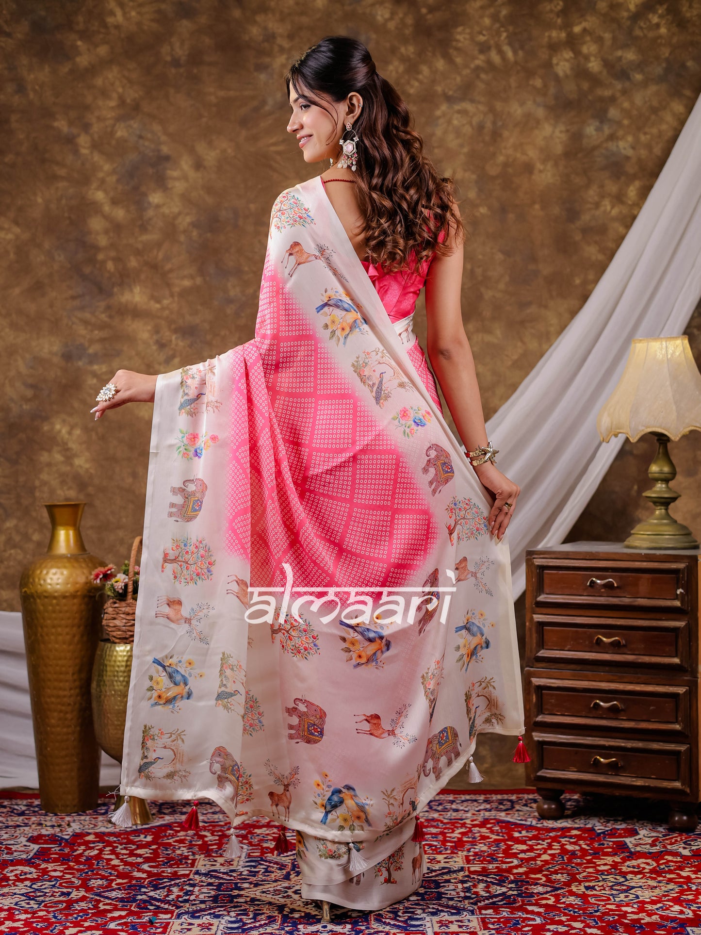 Vantara Blush Pink Satin Chiffon Printed Saree with Bird & Nature Print, Designer Tassel Pallu & Matching Blouse Piece