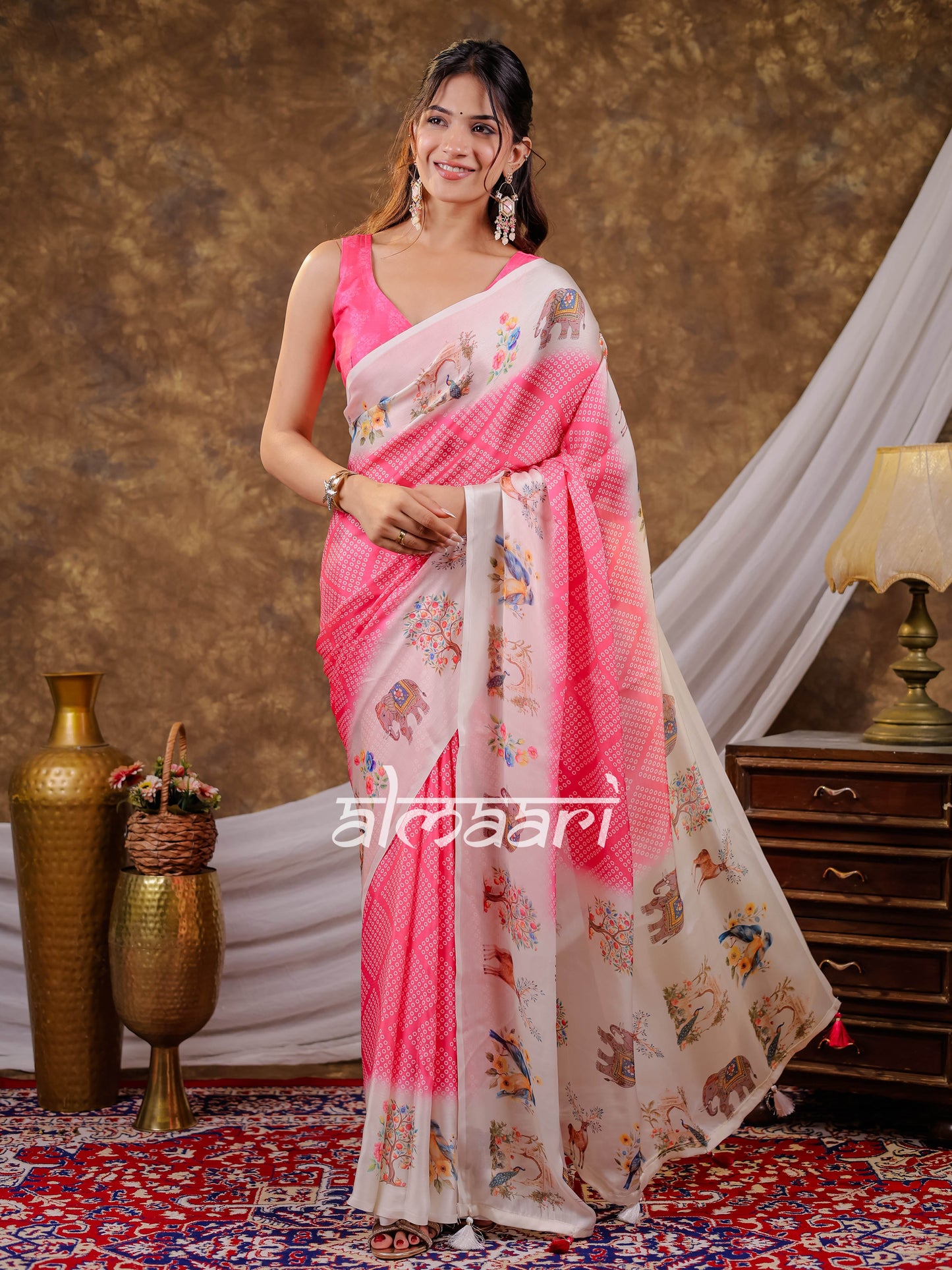 Vantara Blush Pink Satin Chiffon Printed Saree with Bird & Nature Print, Designer Tassel Pallu & Matching Blouse Piece