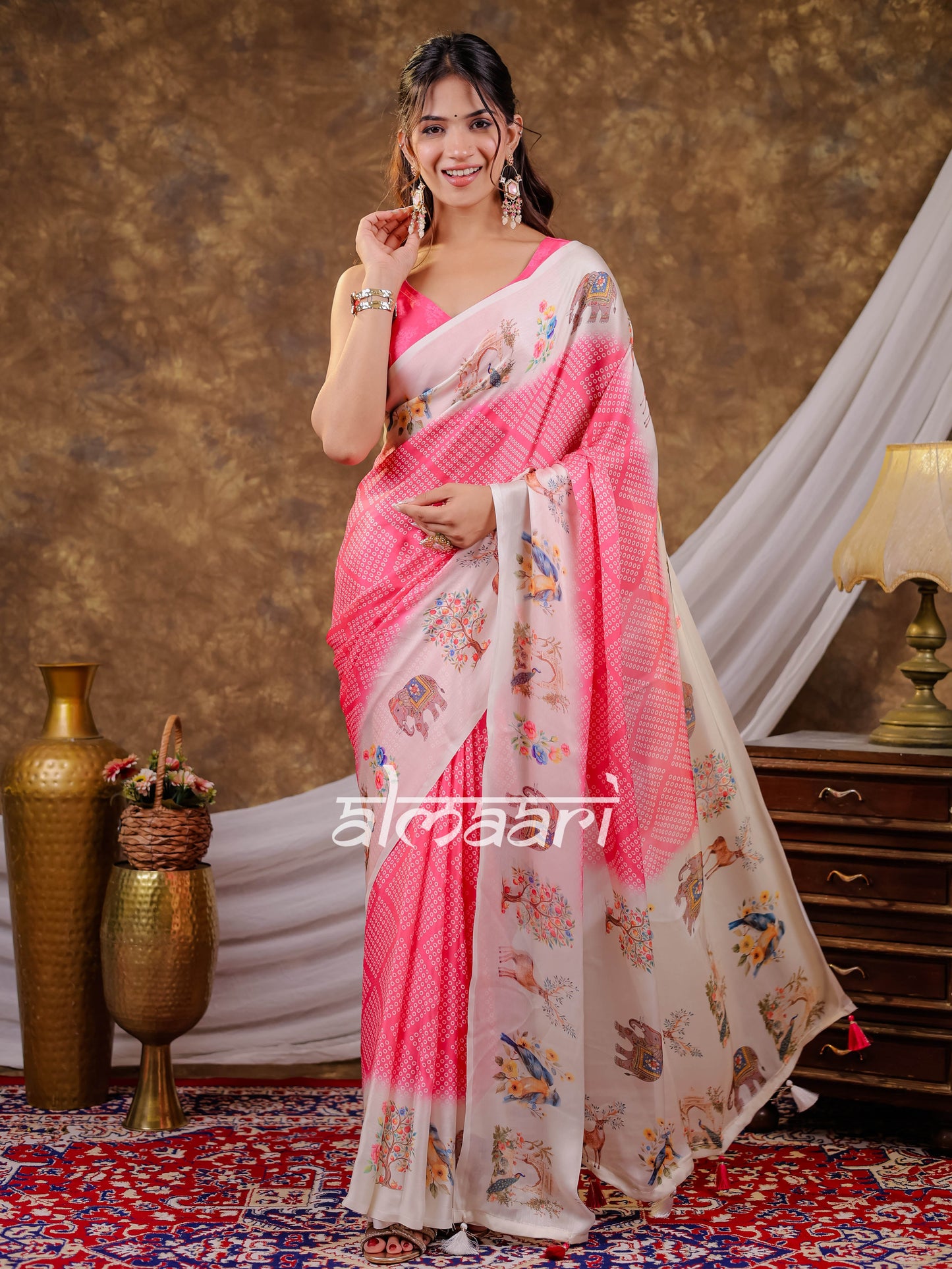 Vantara Blush Pink Satin Chiffon Printed Saree with Bird & Nature Print, Designer Tassel Pallu & Matching Blouse Piece