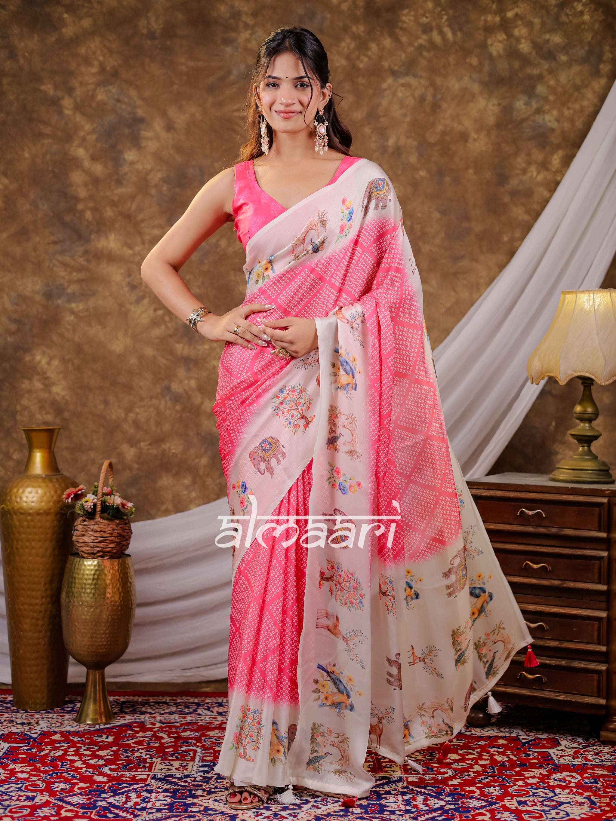 Vantara Blush Pink Satin Chiffon Printed Saree with Bird & Nature Print, Designer Tassel Pallu & Matching Blouse Piece