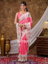 Vantara Blush Pink Satin Chiffon Printed Saree with Bird & Nature Print, Designer Tassel Pallu & Matching Blouse Piece