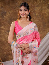 Vantara Blush Pink Satin Chiffon Printed Saree with Bird & Nature Print, Designer Tassel Pallu & Matching Blouse Piece