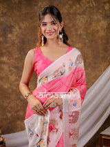 Vantara Blush Pink Satin Chiffon Printed Saree with Bird & Nature Print, Designer Tassel Pallu & Matching Blouse Piece