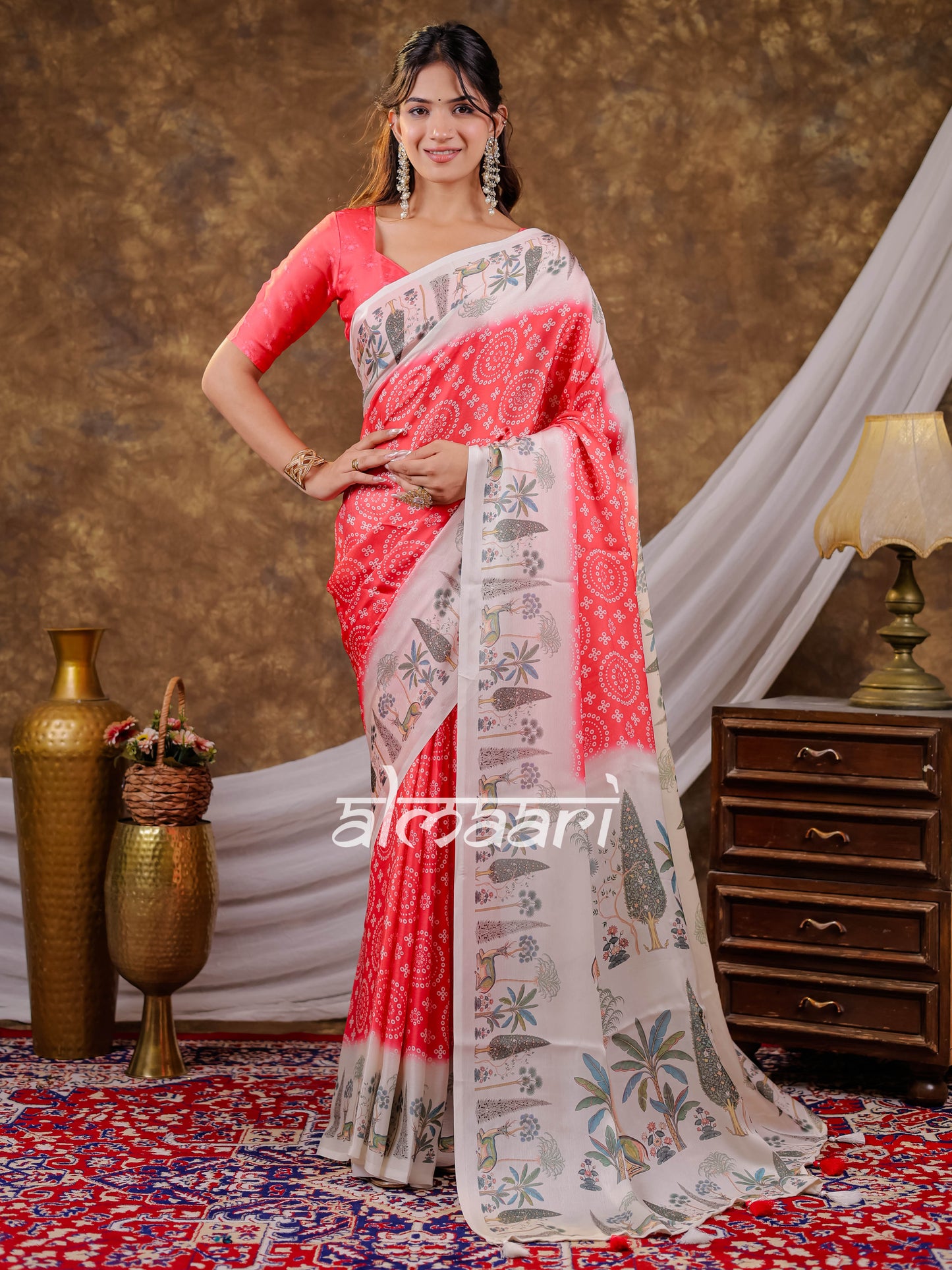 Vantara Coral Red Satin Chiffon Printed Saree with Botanical Nature Print, Designer Tassel Pallu & Matching Blouse Piece