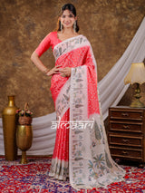Vantara Coral Red Satin Chiffon Printed Saree with Botanical Nature Print, Designer Tassel Pallu & Matching Blouse Piece