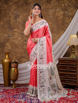 Vantara Coral Red Satin Chiffon Printed Saree with Botanical Nature Print, Designer Tassel Pallu & Matching Blouse Piece
