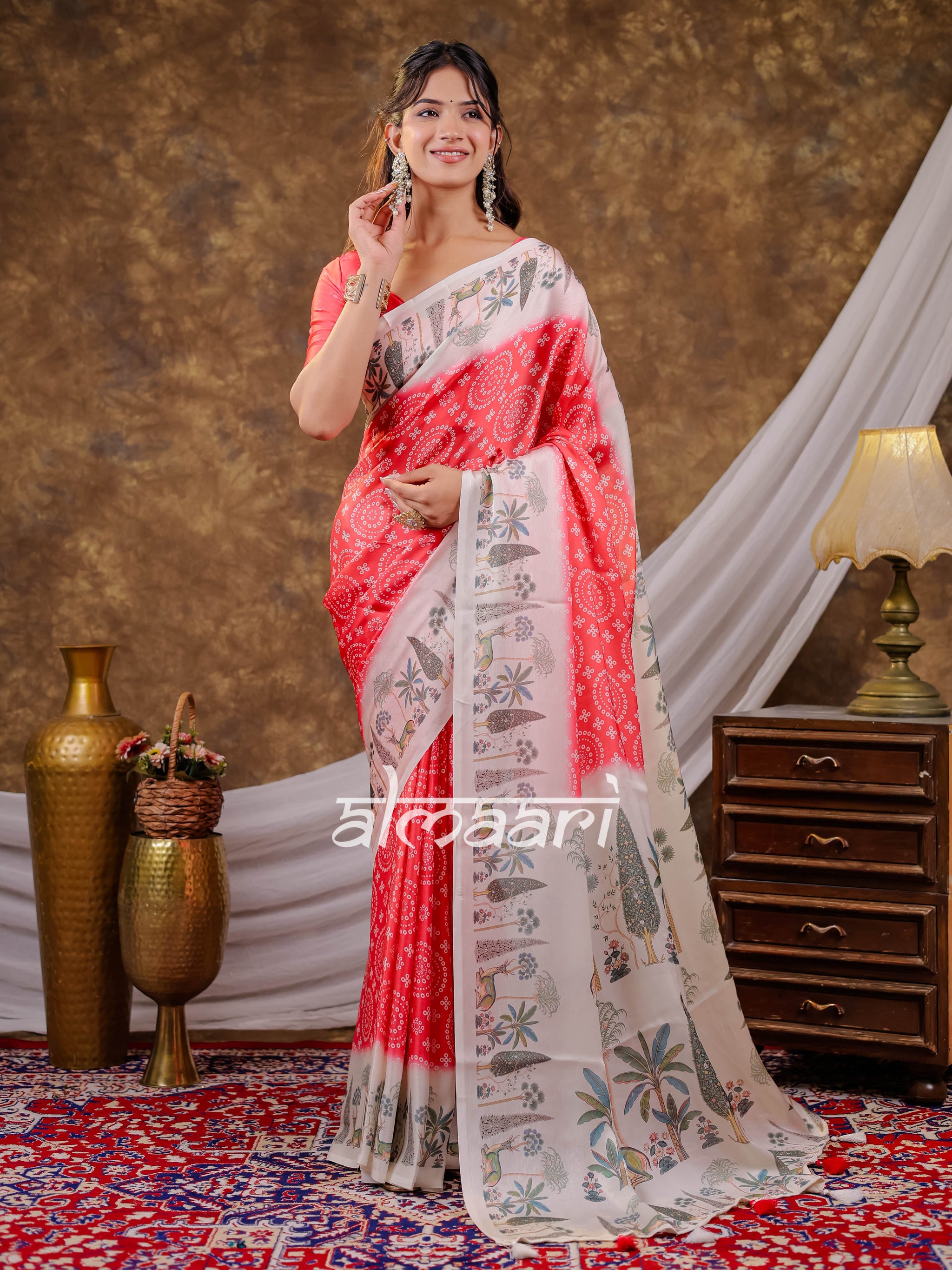 Vantara Coral Red Satin Chiffon Printed Saree with Botanical Nature Print, Designer Tassel Pallu & Matching Blouse Piece