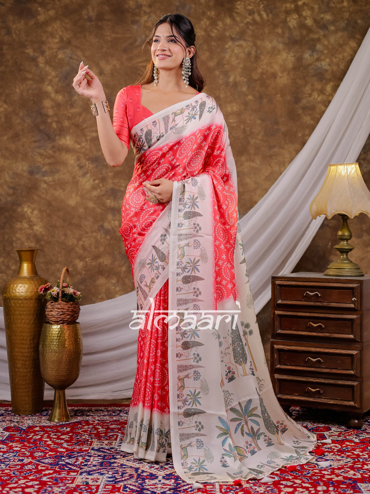 Vantara Coral Red Satin Chiffon Printed Saree with Botanical Nature Print, Designer Tassel Pallu & Matching Blouse Piece
