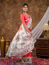Vantara Coral Red Satin Chiffon Printed Saree with Botanical Nature Print, Designer Tassel Pallu & Matching Blouse Piece