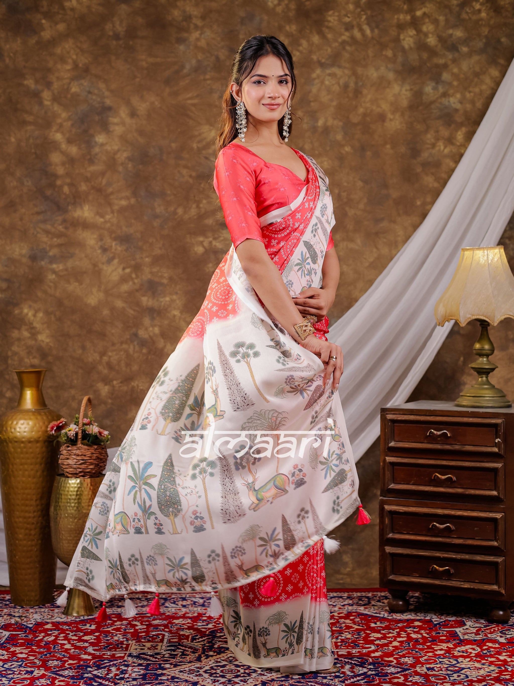 Vantara Coral Red Satin Chiffon Printed Saree with Botanical Nature Print, Designer Tassel Pallu & Matching Blouse Piece