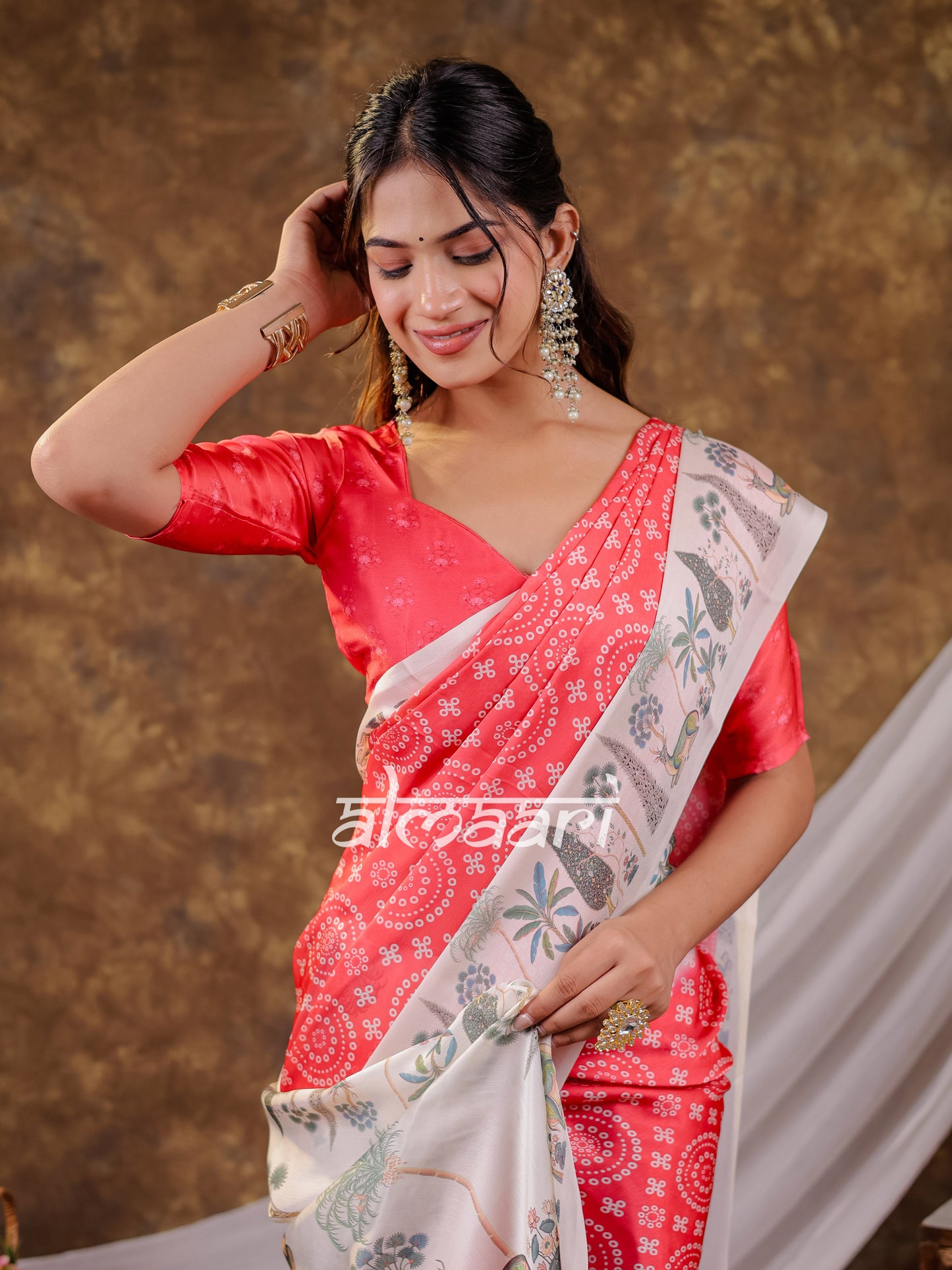 Vantara Coral Red Satin Chiffon Printed Saree with Botanical Nature Print, Designer Tassel Pallu & Matching Blouse Piece