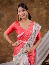 Vantara Coral Red Satin Chiffon Printed Saree with Botanical Nature Print, Designer Tassel Pallu & Matching Blouse Piece