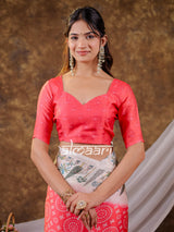 Vantara Coral Red Satin Chiffon Printed Saree with Botanical Nature Print, Designer Tassel Pallu & Matching Blouse Piece