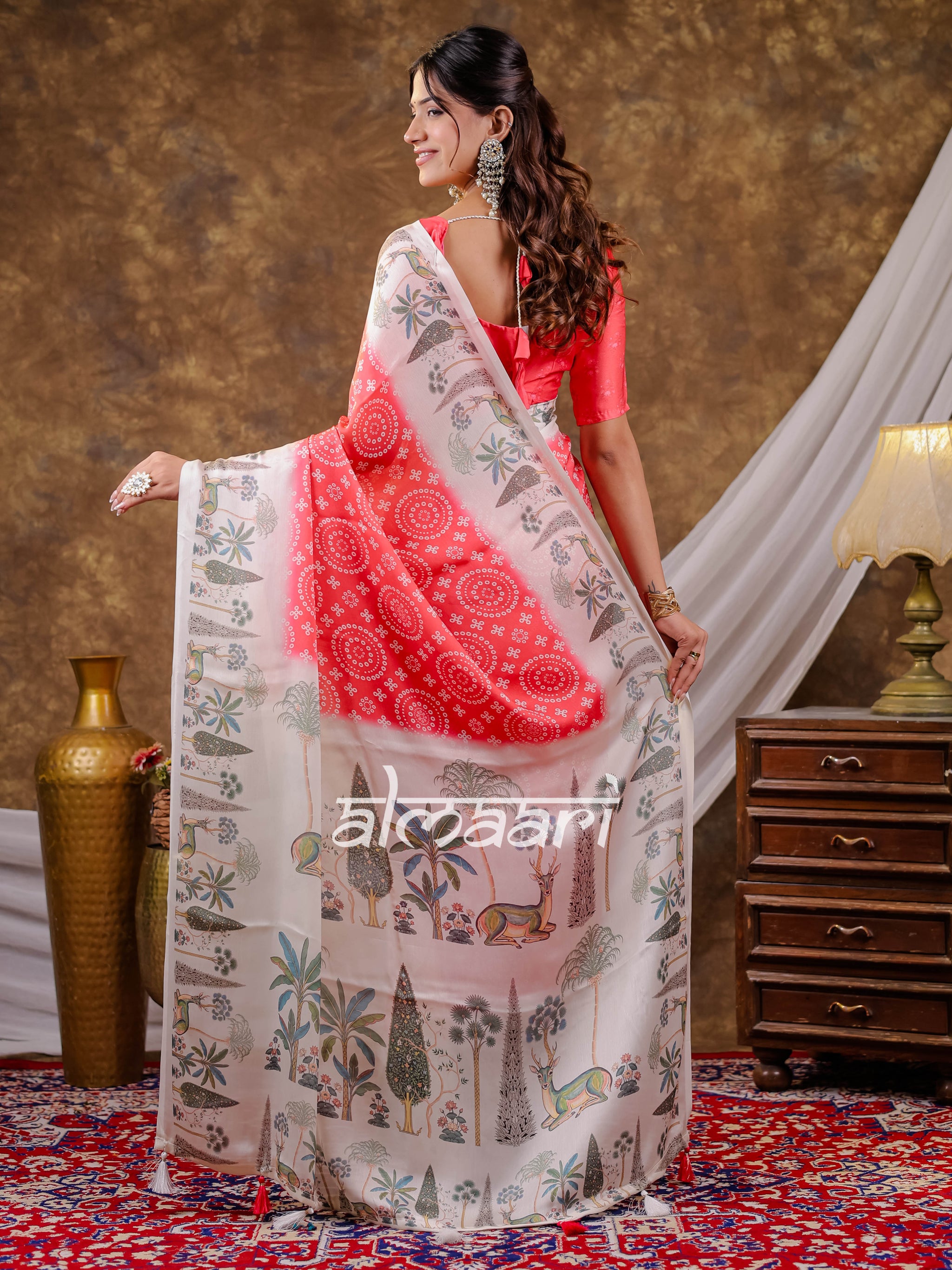 Vantara Coral Red Satin Chiffon Printed Saree with Botanical Nature Print, Designer Tassel Pallu & Matching Blouse Piece