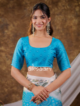 Vantara Turquoise Blue Satin Chiffon Printed Saree with Botanical Nature Print, Designer Tassel Pallu & Matching Blouse Piece