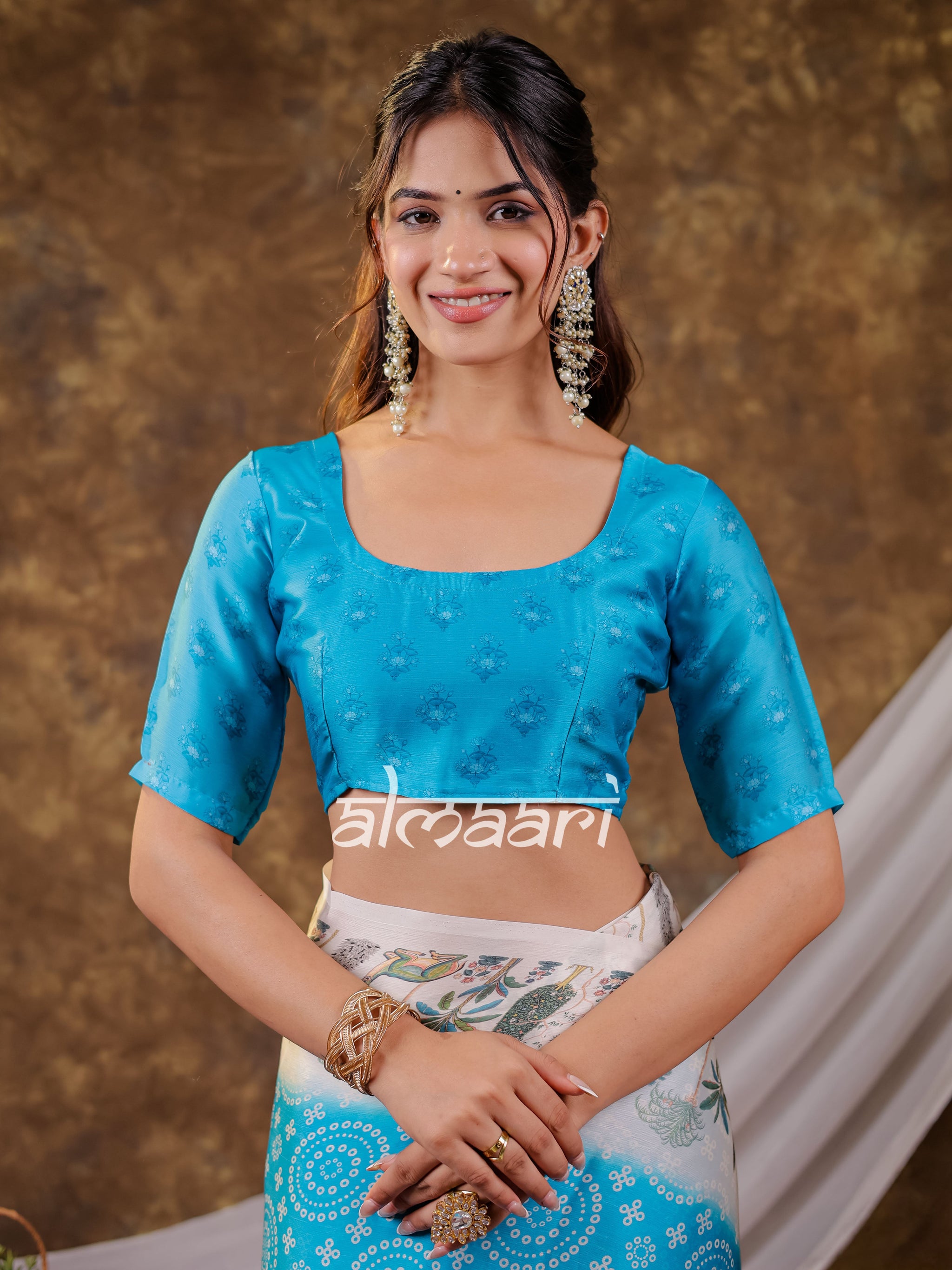 Vantara Turquoise Blue Satin Chiffon Printed Saree with Botanical Nature Print, Designer Tassel Pallu & Matching Blouse Piece