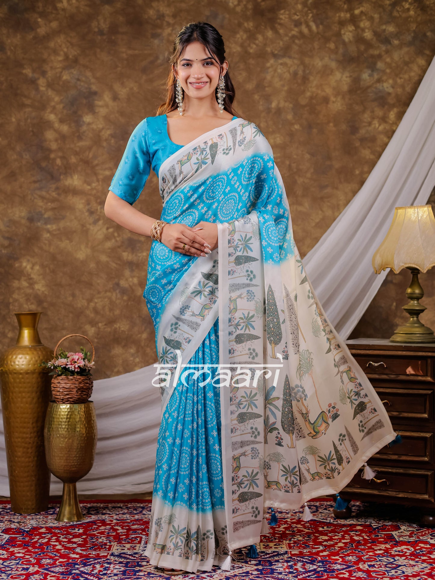 Vantara Turquoise Blue Satin Chiffon Printed Saree with Botanical Nature Print, Designer Tassel Pallu & Matching Blouse Piece