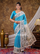 Vantara Turquoise Blue Satin Chiffon Printed Saree with Botanical Nature Print, Designer Tassel Pallu & Matching Blouse Piece
