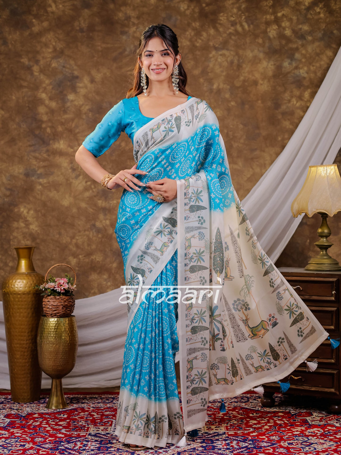 Vantara Turquoise Blue Satin Chiffon Printed Saree with Botanical Nature Print, Designer Tassel Pallu & Matching Blouse Piece