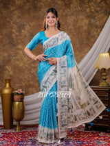 Vantara Turquoise Blue Satin Chiffon Printed Saree with Botanical Nature Print, Designer Tassel Pallu & Matching Blouse Piece