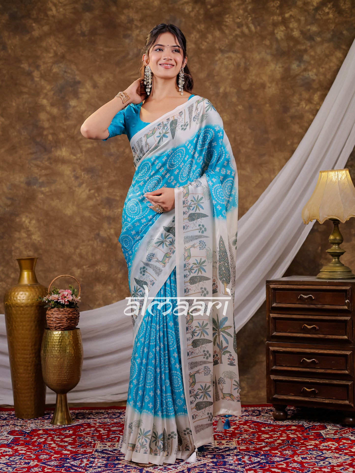 Vantara Turquoise Blue Satin Chiffon Printed Saree with Botanical Nature Print, Designer Tassel Pallu & Matching Blouse Piece