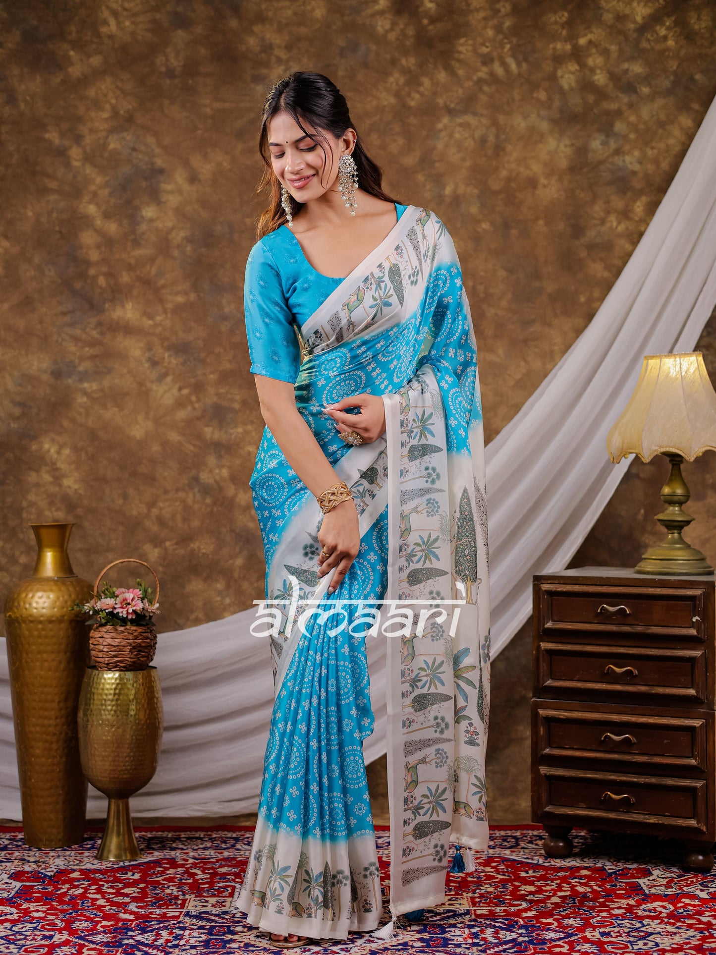 Vantara Turquoise Blue Satin Chiffon Printed Saree with Botanical Nature Print, Designer Tassel Pallu & Matching Blouse Piece