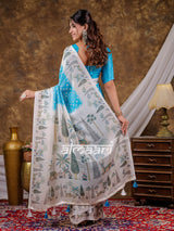 Vantara Turquoise Blue Satin Chiffon Printed Saree with Botanical Nature Print, Designer Tassel Pallu & Matching Blouse Piece