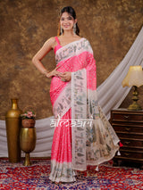 Vantara Hot Pink Satin Chiffon Printed Saree with Botanical Nature Print, Designer Tassel Pallu & Matching Blouse Piece