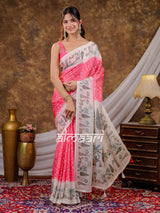 Vantara Hot Pink Satin Chiffon Printed Saree with Botanical Nature Print, Designer Tassel Pallu & Matching Blouse Piece