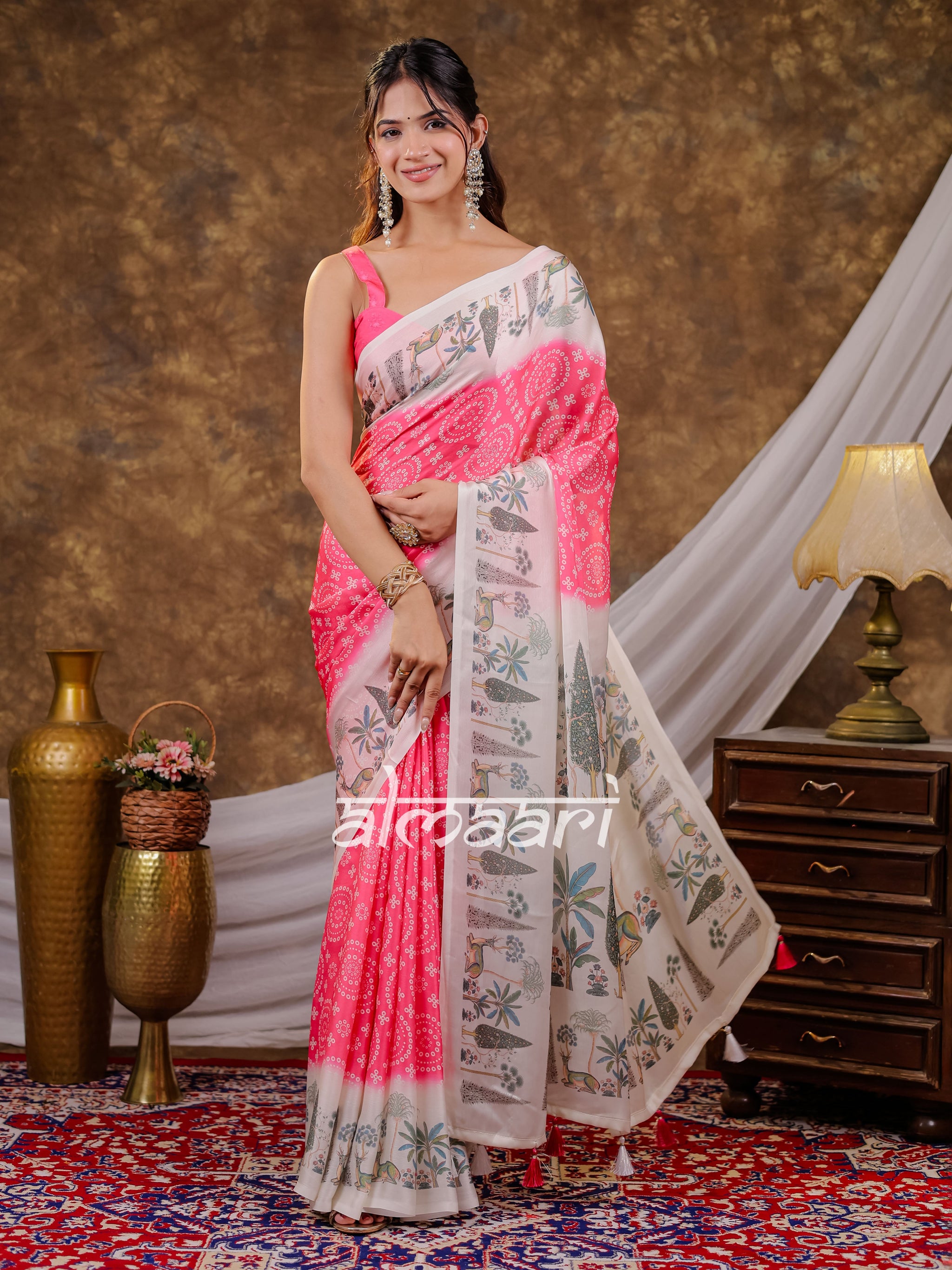 Vantara Hot Pink Satin Chiffon Printed Saree with Botanical Nature Print, Designer Tassel Pallu & Matching Blouse Piece