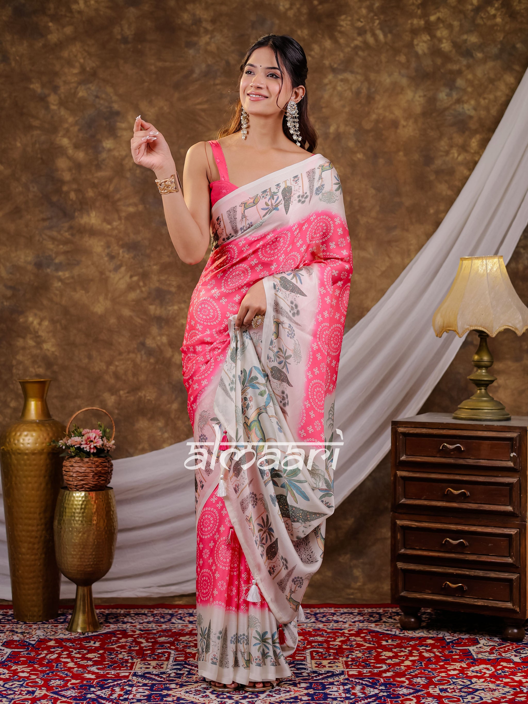 Vantara Hot Pink Satin Chiffon Printed Saree with Botanical Nature Print, Designer Tassel Pallu & Matching Blouse Piece