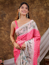 Vantara Hot Pink Satin Chiffon Printed Saree with Botanical Nature Print, Designer Tassel Pallu & Matching Blouse Piece